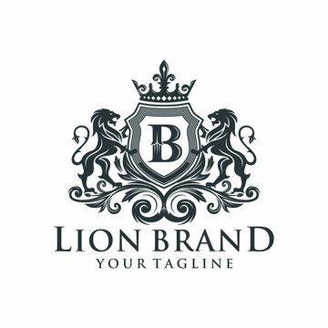 Lion heraldry emblem modern line style with a shield and crown