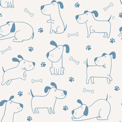 Vector seamless pattern with cartoon dogs on a beige background. Doodle cartoon style. Hand draw cute dogs in sketch style. For textiles, clothing, bed linen, office supplies.