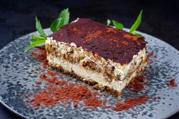 Modern Style traditionelles italienisches Tiramisu serviert als close-up auf einem Nordic Design Teller 