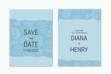 Greenery greeting invitation card template design, leaves on branch with hand drawn doodle graphics on grey background, blue tones