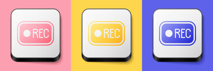 Isometric Record button icon isolated on pink, yellow and blue background. Rec button. Square button. Vector