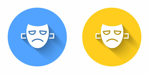White Drama theatrical mask icon isolated with long shadow background. Circle button. Vector
