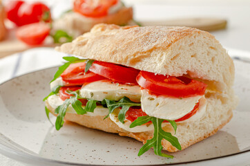 Close up shot of mozzarella sandwich on white plate. Italian snack concept