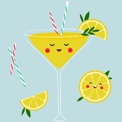 Vector illustration of cocktail with lemon slices, stripped tubes and mint in cartoon style