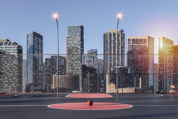 Rooftop basketball court with metropolis view 3d render - obrazy, fototapety, plakaty