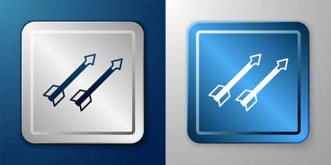 White Medieval arrows icon isolated on blue and grey background. Medieval weapon. Silver and blue square button. Vector