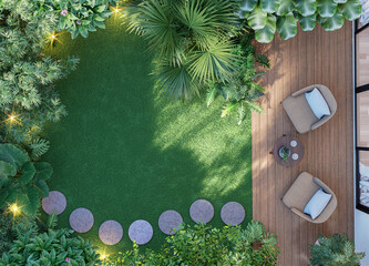 Top view wooden terrace with tropical style green garden 3d render