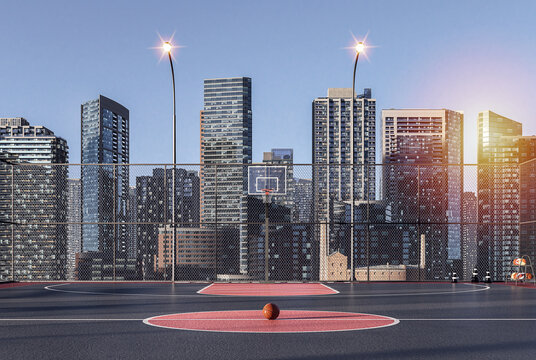 Rooftop basketball court with metropolis view 3d render