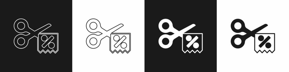 Set Scissors cuts discount coupon icon isolated on black and white background. The concept of selling in an online supermarket at low prices or half the cost. Vector