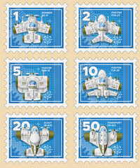 A set of postage stamps depicting combat aircraft. Collection. View from above. Isolated on a colored background. Vector illustration.