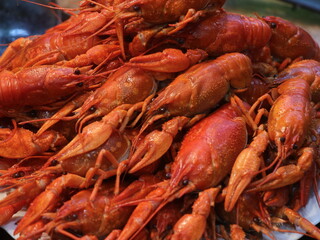 Close-up shot of boiled red crayfish