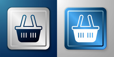 White Shopping basket icon isolated on blue and grey background. Online buying concept. Delivery service sign. Shopping cart symbol. Silver and blue square button. Vector