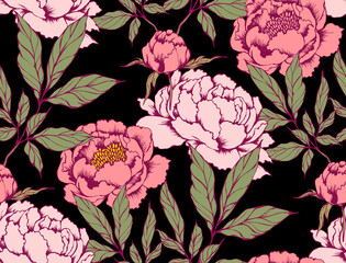 Seamless pattern. Pink peonies. Suitable for fabric, mural, wallpapers, wrapping paper and the like