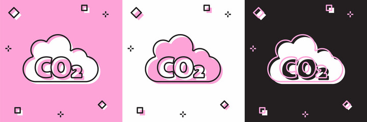Set CO2 emissions in cloud icon isolated on pink and white, black background. Carbon dioxide formula, smog pollution concept, environment concept. Vector