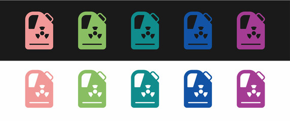 Set Radioactive waste in barrel icon isolated on black and white background. Toxic refuse keg. Radioactive garbage emissions, environmental pollution. Vector