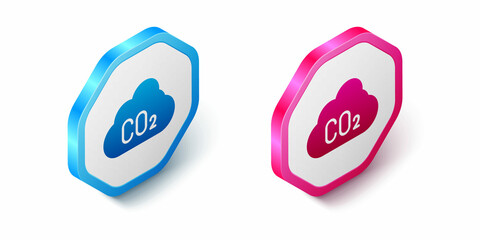 Isometric CO2 emissions in cloud icon isolated on white background. Carbon dioxide formula, smog pollution concept, environment concept. Hexagon button. Vector