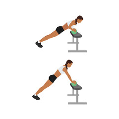 Woman doing Incline medicine ball push up exercise. Flat vector illustration isolated on white background. workout character set