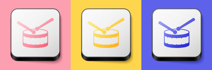 Isometric Drum with drum sticks icon isolated on pink, yellow and blue background. Music sign. Musical instrument symbol. Square button. Vector