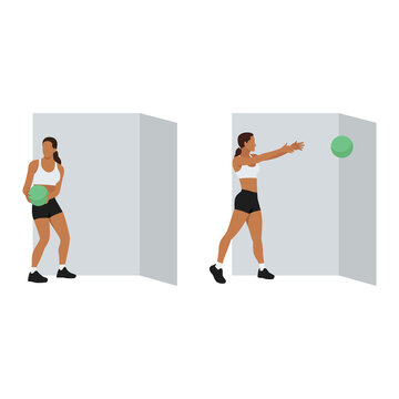 Woman doing Side lateral medicine ball throw. Slam exercise. Flat vector illustration isolated on white background. workout character set