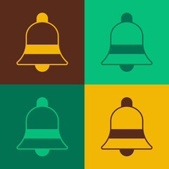 Pop art Ringing bell icon isolated on color background. Alarm symbol, service bell, handbell sign, notification symbol. Vector