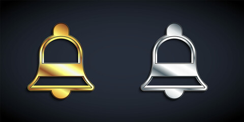 Gold and silver Ringing bell icon isolated on black background. Alarm symbol, service bell, handbell sign, notification symbol. Long shadow style. Vector