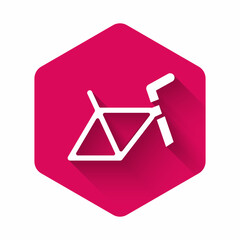 White Bicycle frame icon isolated with long shadow. Pink hexagon button. Vector