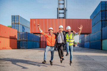Portrait of engineers team work in relaxing time with blurred container background
