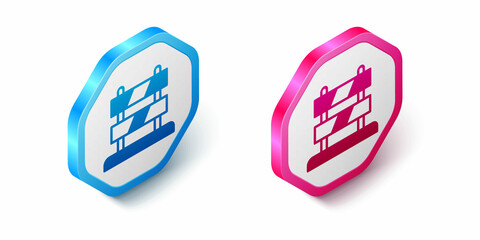 Isometric End of railway tracks icon isolated on white background. Stop sign. Railroad buffer end to destination. Hexagon button. Vector