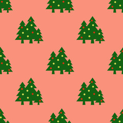 Seamless pattern. Image of green Christmas trees with balls on pastel red backgrounds. Symbol of New Year and Christmas. Template for application to surface. 3D image. 3d rendering