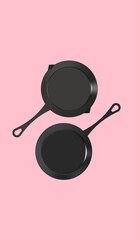 next to pot with handle and frying pan. top view of kitchen appliances. Dishes on pink background. Vertical image. 3D image. 3D rendering.