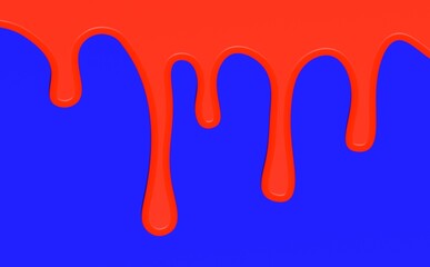 Red paint flows on blue background. Red liquid. Drops of blood. Red water is flowing. Blue background. Horizontal image. 3D image. 3D rendering.