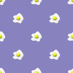 Seamless pattern. Image of chicken egg on pastel blue purple backgrounds. Egg with round yolk. Surface overlay pattern. 3D image. 3D rendering.