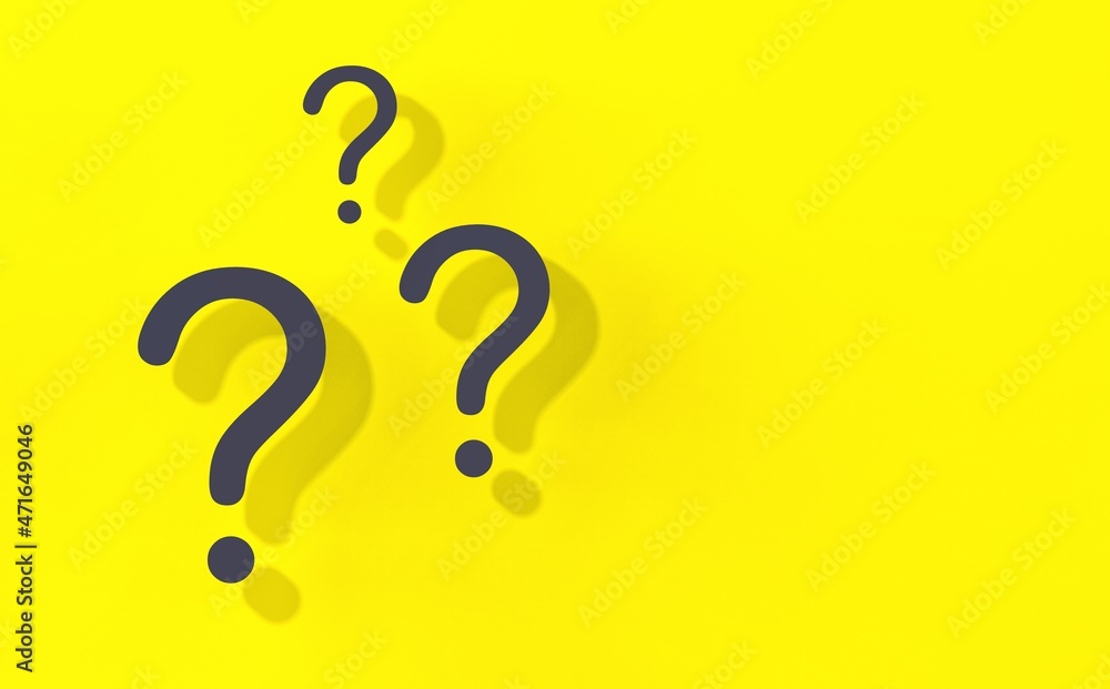 Aufkleber question marks with shadow on yellow background. horizontal image. 3d image. 3d rendering.
