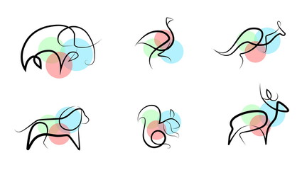 beautiful animals with calligraphic lines, dog, elephant, ostrich, kangaroo, squirrel, deer, logo