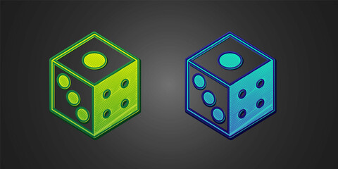Green and blue Game dice icon isolated on black background. Casino gambling. Vector
