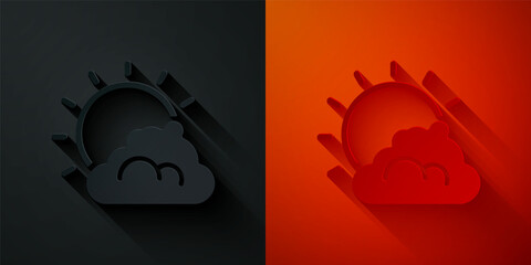 Paper cut Sun and cloud weather icon isolated on black and red background. Paper art style. Vector