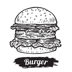 Hand drawn beef buger with tomato and lettuce. Vector