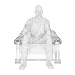 Wire-frame of a joyful man sitting on an armchair from black lines, isolated on a white background. The man watches TV and is happy. 3D. Vector illustration