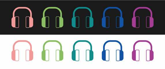 Set Noise canceling headphones icon isolated on black and white background. Headphones for ear protection from noise. Vector