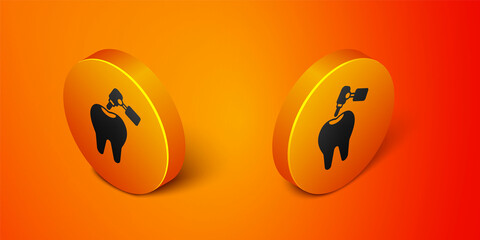 Fototapeta premium Isometric Tooth with caries and tooth drill icon isolated on orange background. Tooth decay. Orange circle button. Vector