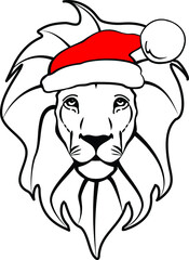 Lion With Christmas Santa Hat Vector Illustration