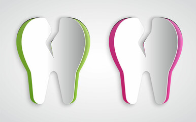 Paper cut Broken tooth icon isolated on grey background. Dental problem icon. Dental care symbol. Paper art style. Vector