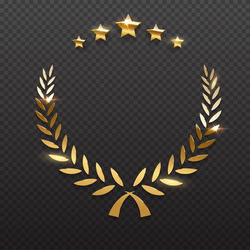 Gold shiny circle laurel wreath with stars vector illustration. Golden shining round badge prize for winner, award trophy nominee luxury symbol, nomination reward emblem on transparent background