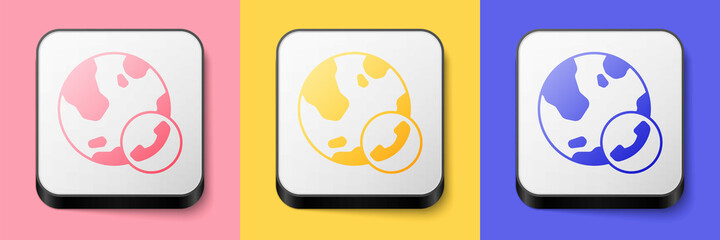 Isometric Video chat conference icon isolated on pink, yellow and blue background. Online meeting work form home. Remote project management. Square button. Vector