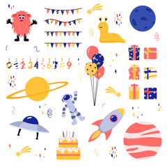 A set of elements for a cosmic birthday. Theme party.