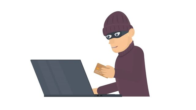 Internet fraudster. A thief at a computer steals money from a bank card, alpha channel. Cartoon