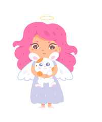 Cute angel baby girl, funny little kid with pink hair, holy halo and wings holding bunny