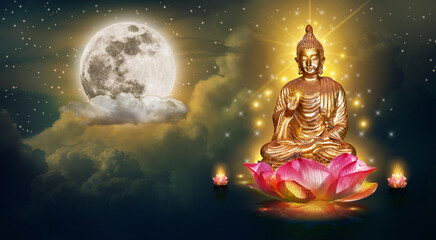 Buddha sit on a lotus in the sky at night The big moon is the background