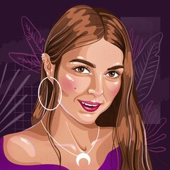 illustration of beautiful caucasian smiling woman with long hair and different jewellery.