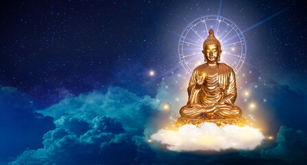 Buddha sit on a lotus cloud in the sky at night is the background